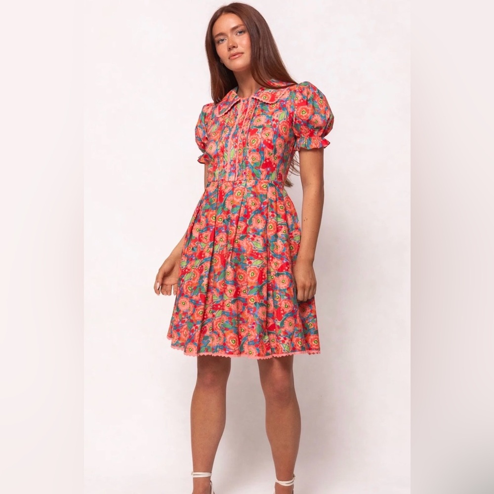 Floral Puff-Sleeve Dress in Coral Pink